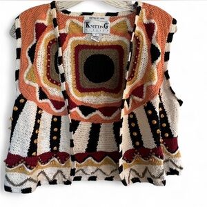 Vintage Knitting Needles Hand knitted Vest with wood bead accents